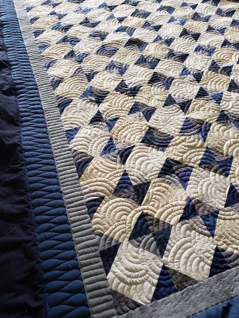 handmade Quilt for sale/ Selection of fabrics chosen for custom Irish Chain quilt project