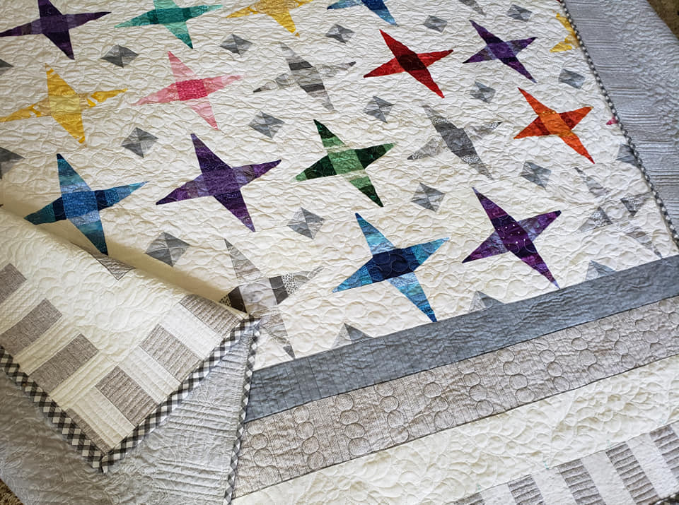 rainbow and Grey/ custom made spinning stars quilt