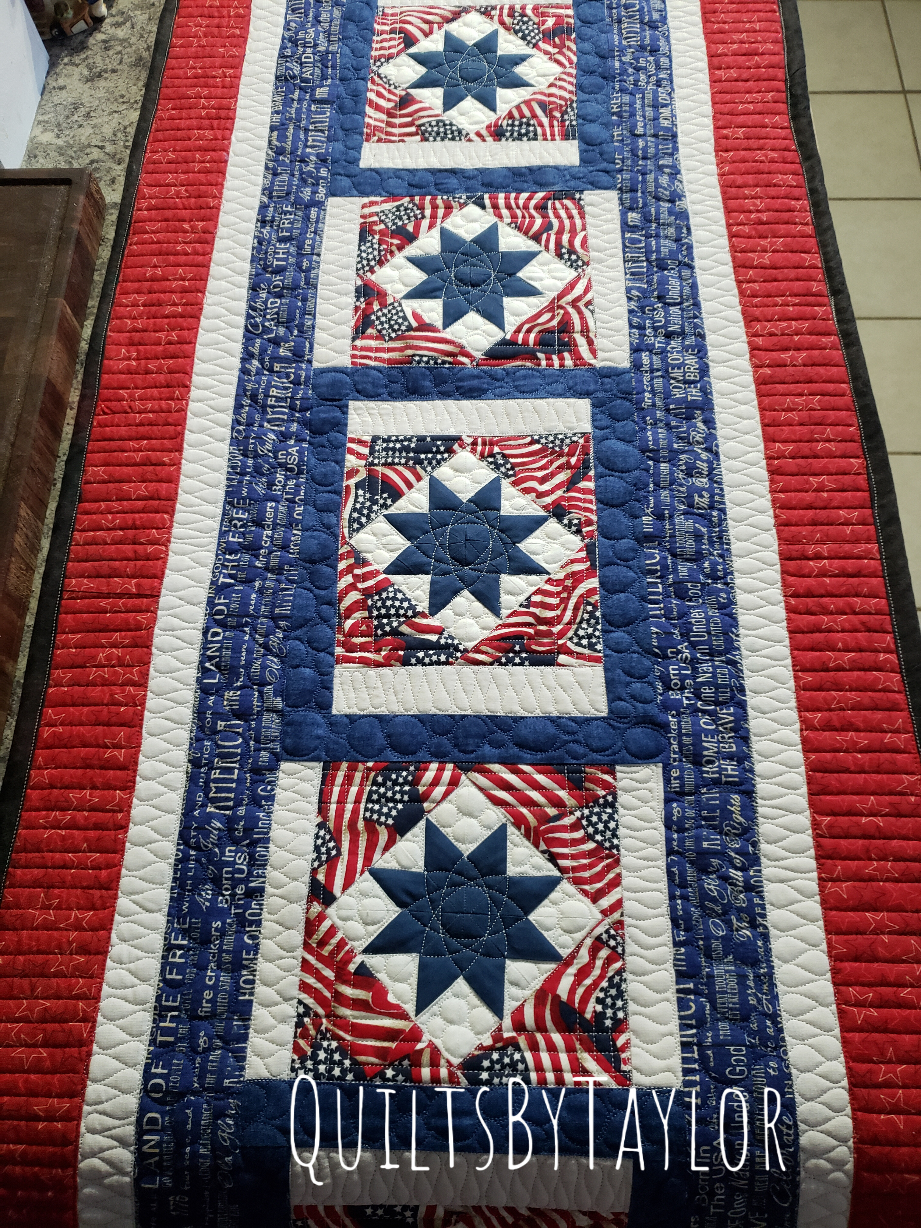 handmade quilts Patriotic quilted table runner Handmade patriotic décor Americana quilt décor Red white and blue table runner Quilted farmhouse table runner