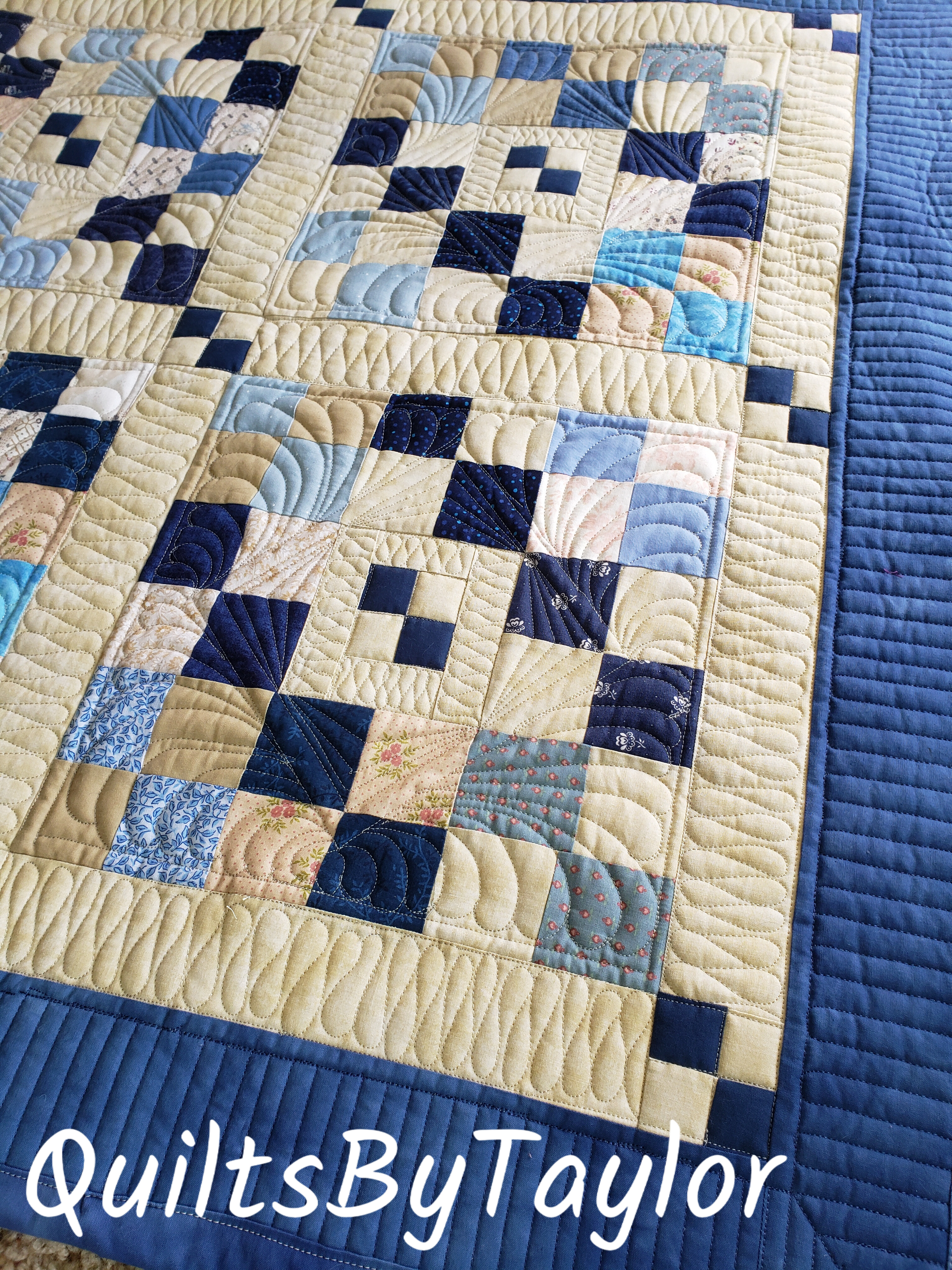King Size Quilts/ handmade quilts/ Blue Irish Chain quilted decor with detailed custom stitching