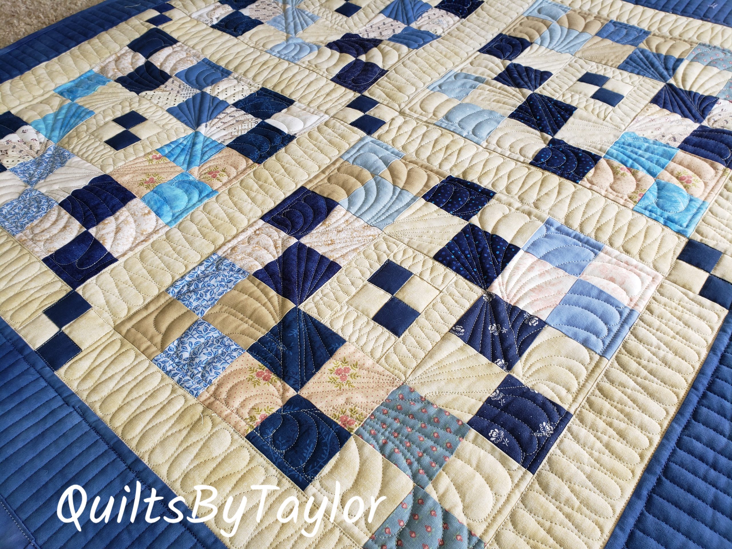 Quilts For Sale/ Quilt for Sale/ Quilt for Sale Handmade 35 x 35 quilted table topper with navy border and cream background