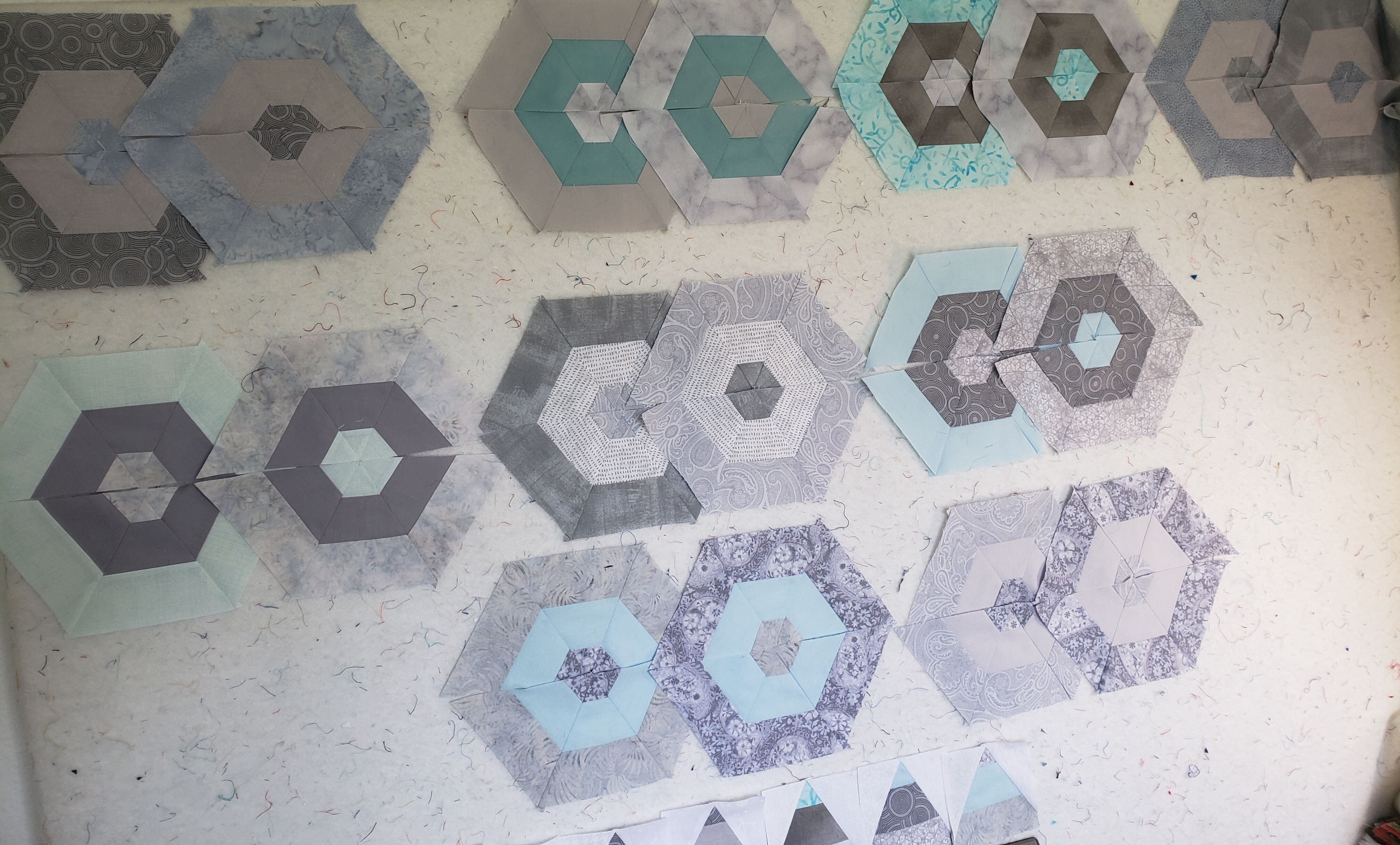 Beautiful Hexagon Quilt/ Custom Made Quilt for customer in Blues and Gray