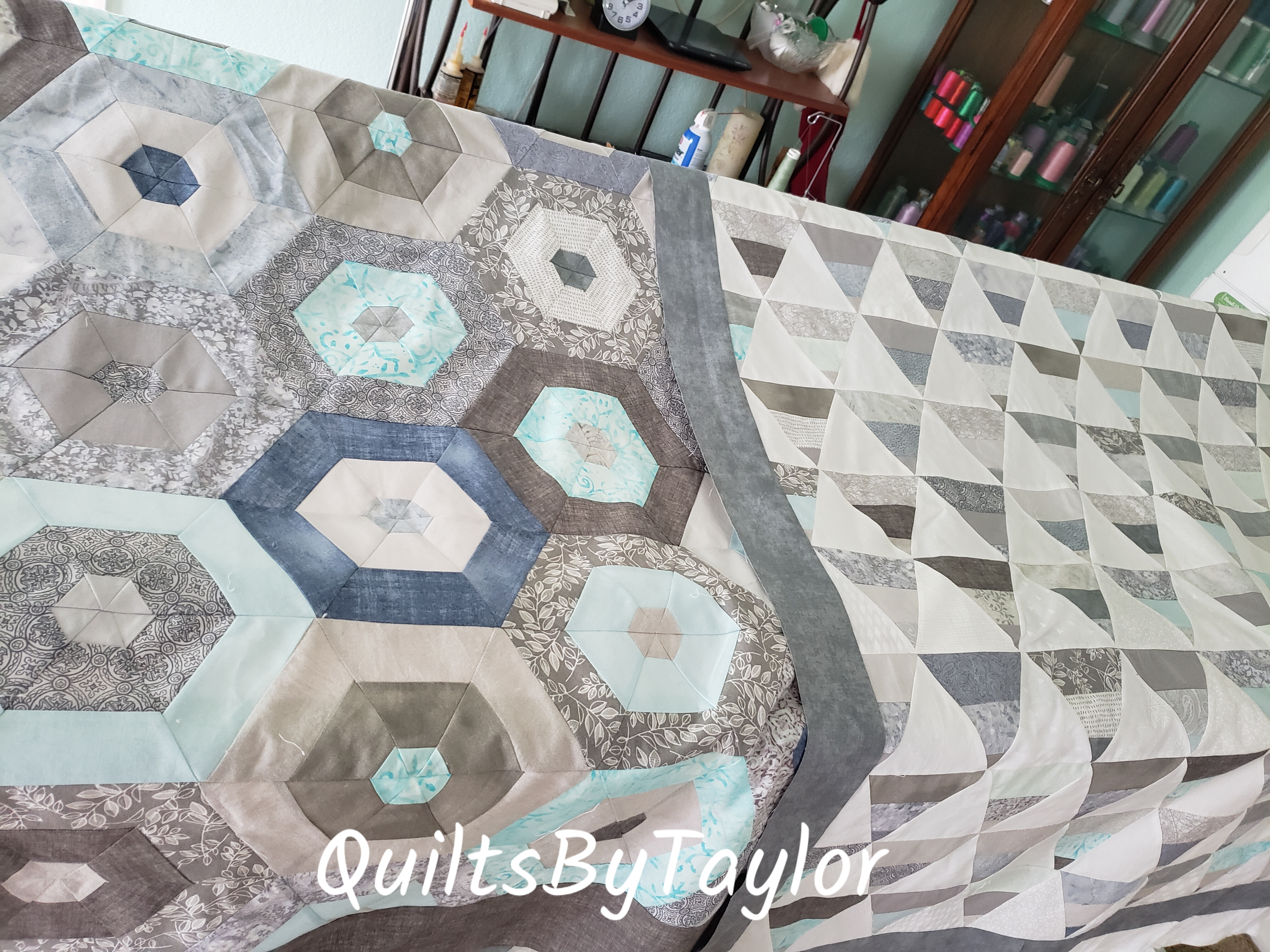 Handmade Quilts/ Gray and Blue Hexi