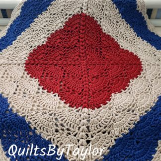 handmade crochet centerpiece red white blue crochet cotton crochet table topper patriotic home decor americana table topper handmade cotton crochet ready to ship 28 x 28