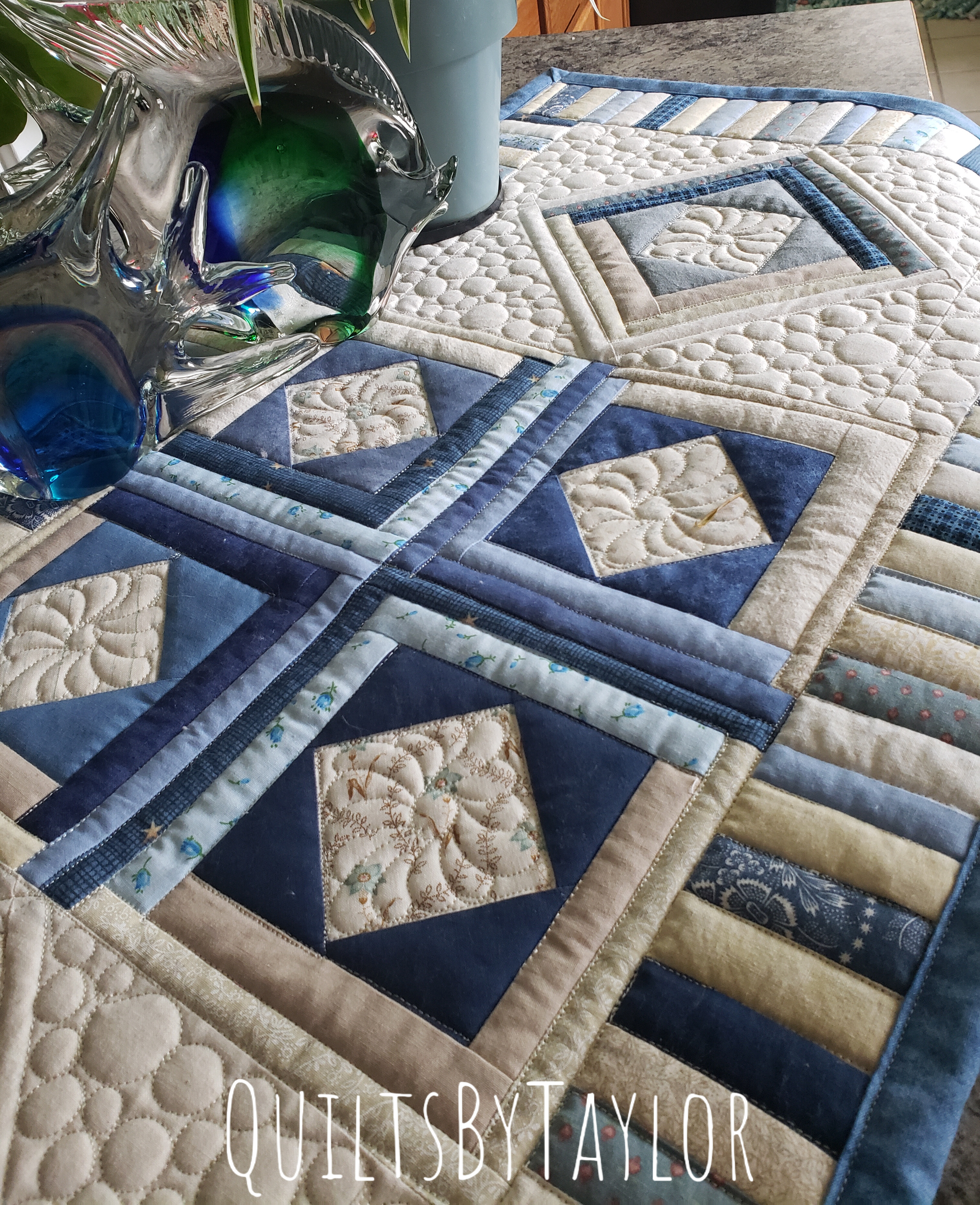 Blue Log Cabin Table Runner/ Dense pebble quilting texture on cream cotton fabric of handmade table runner