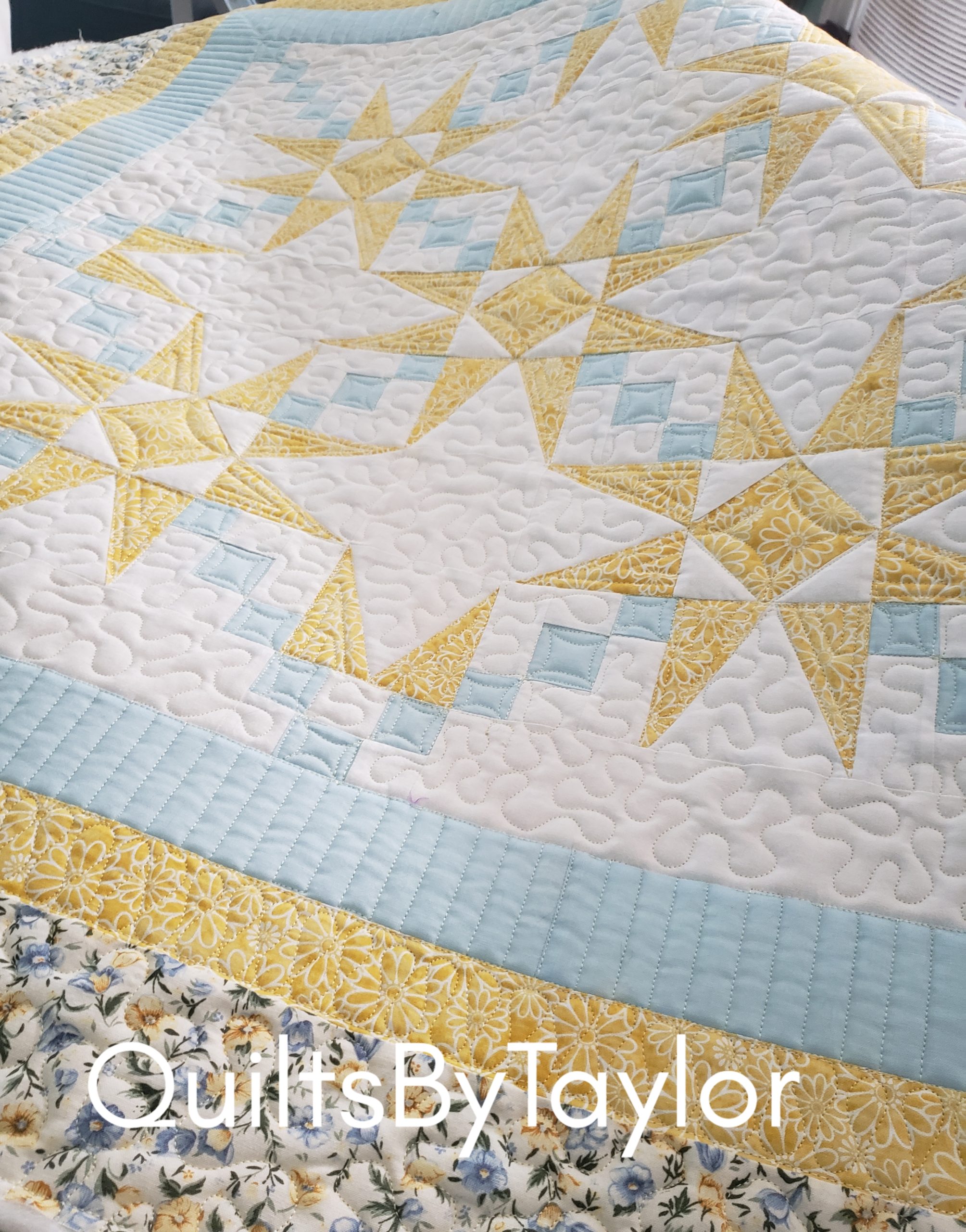 French Villa Double Charmed handmade quilt in soft blue yellow and cream